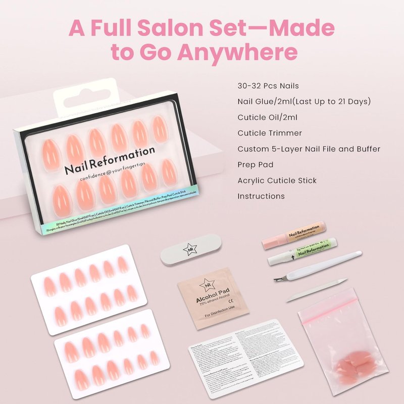 Press On Nails - Baby Blush Soft Pink Almond | Salon Quality Reusable Stick-On Nails in 16 Sizes - 32 Nail Kit with Glue