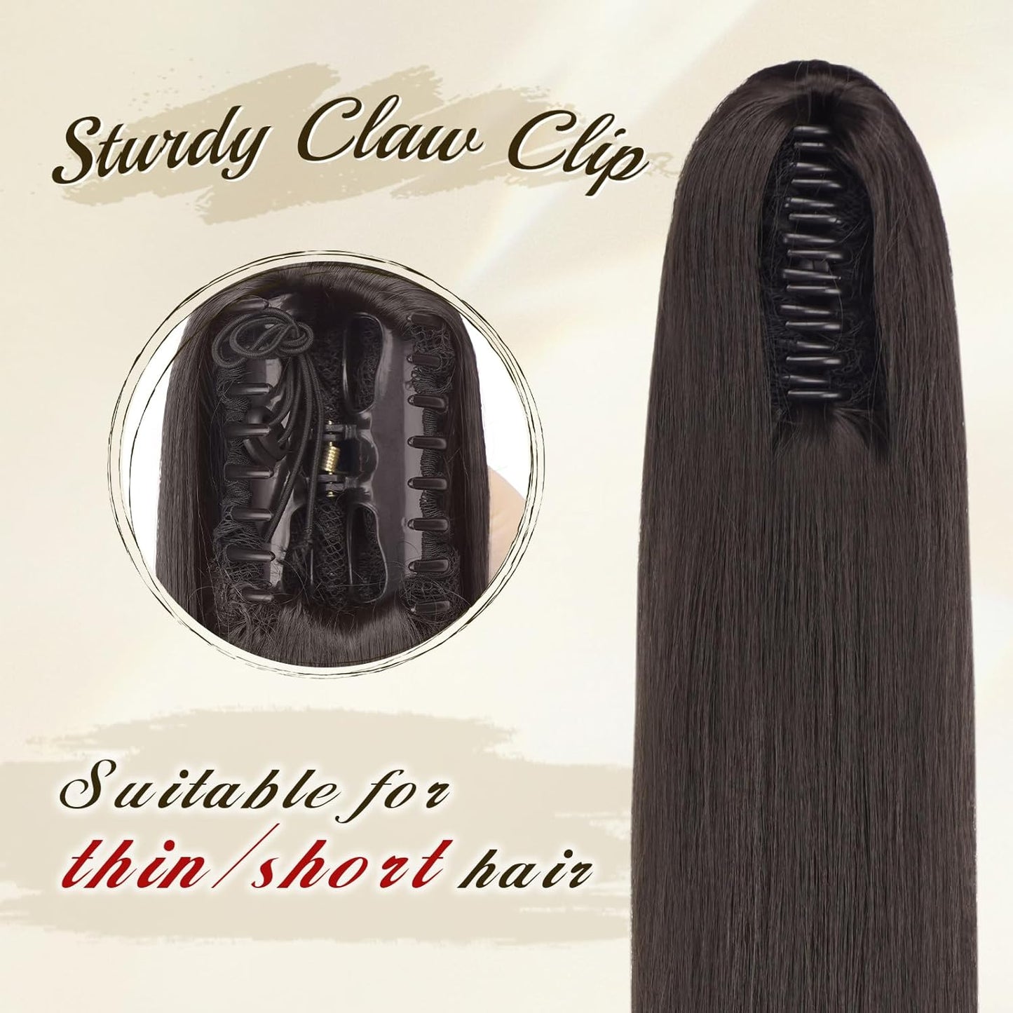 Claw Ponytail Extensions - Long Dark Brown Straight Hairpieces | 25-Inch Synthetic Clip-In Tails