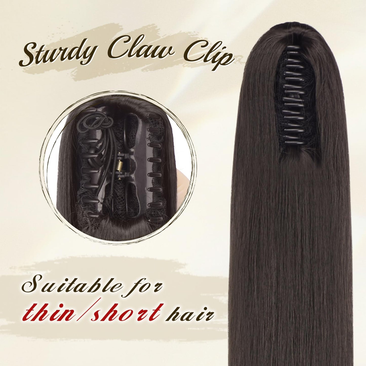 FESHFEN Claw Ponytail Extensions - Long Straight Ponytails for Women Dark Brown Hairpieces Synthetic Hair Pony Tails Extension Clip in Hairpiece, 25 inch