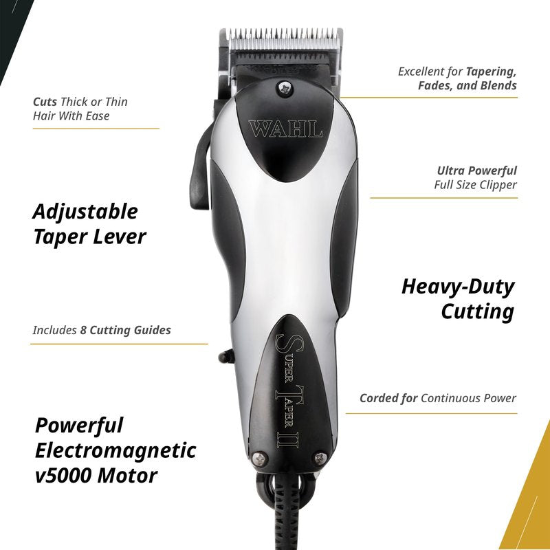 Wahl Professional Super Taper II Corded Clipper Adjustable Blade High Performance Hair Cutting Tool Silver