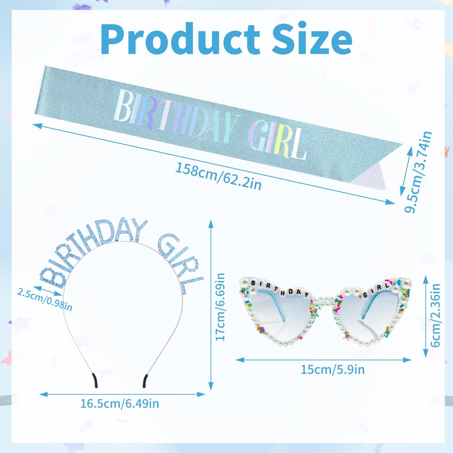 GZJINYUAN 3Pcs Birthday Girl Sash Headband Set- Glitter Sashs Rhinestone Headband Sunglasses, Birthday Sash Accessories for Women Girls (Blue)
