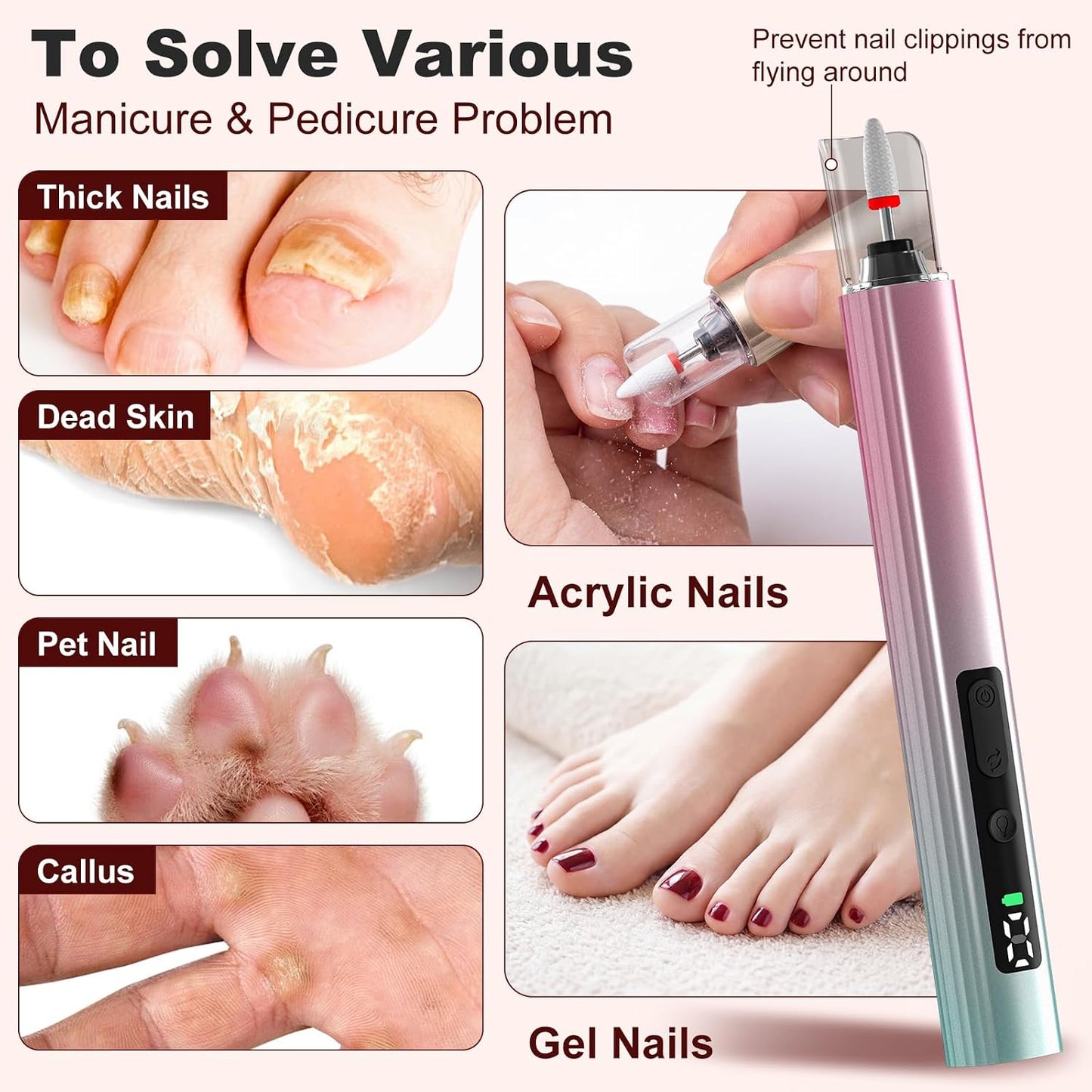 Cordless Electric Nail File Drill - 5 Speed Rechargeable Manicure & Pedicure Kit | UV Light, Portable, for Human & Pet Nails, Grey