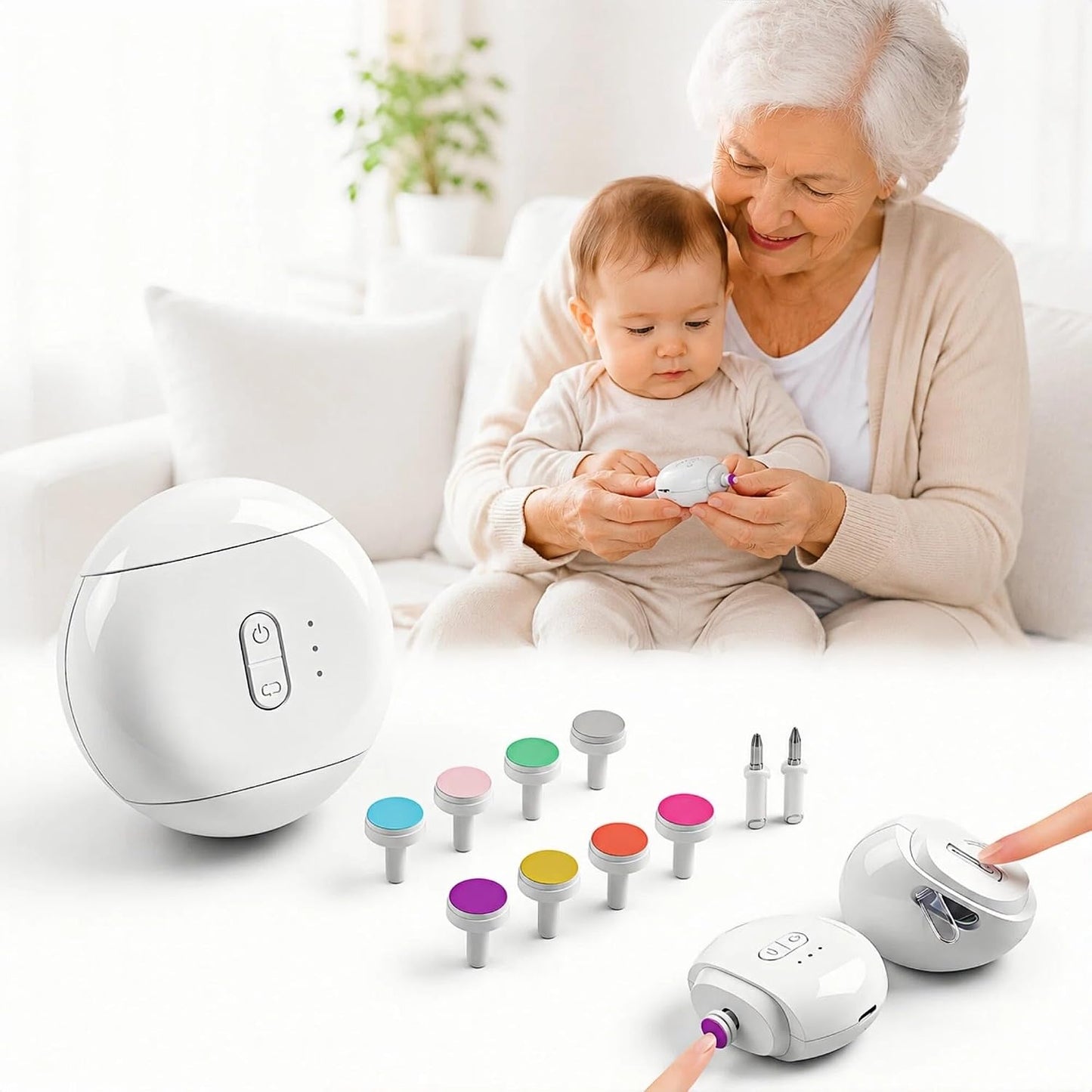Electric Nail File & Trimmer for Seniors & Babies - Rechargeable, Quiet, LED Light, Multiple Speeds, Built-in Storage