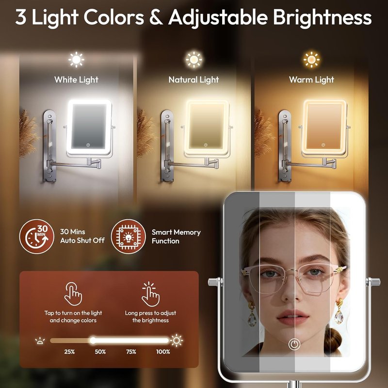 Height Adjustable Makeup Mirror - Lighted 10X Magnifying Design | 7in Slide Rail & 360° Extended Arm