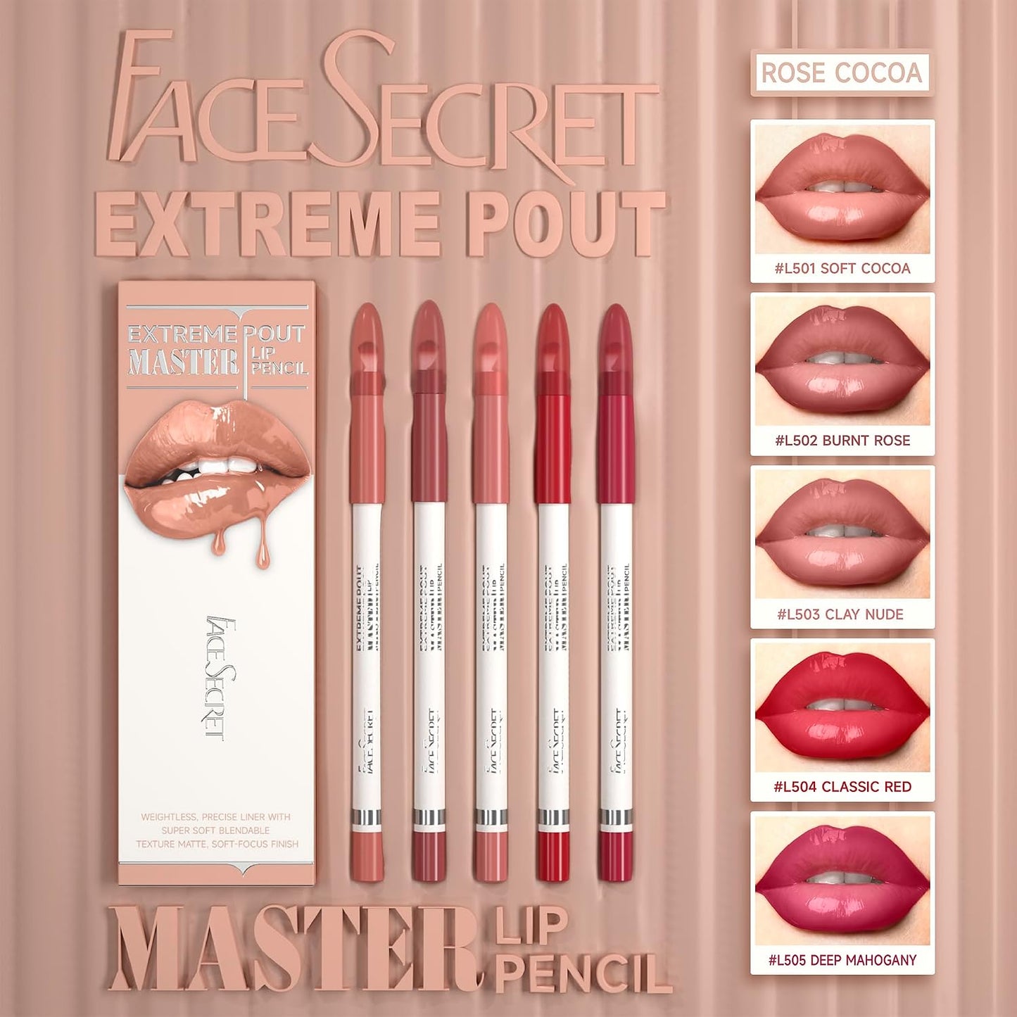 Matte Lip Liner Pencil Set - 5PCS Waterproof & Smudge-Proof | Warm Brick Red & Cocoa Brown Shades