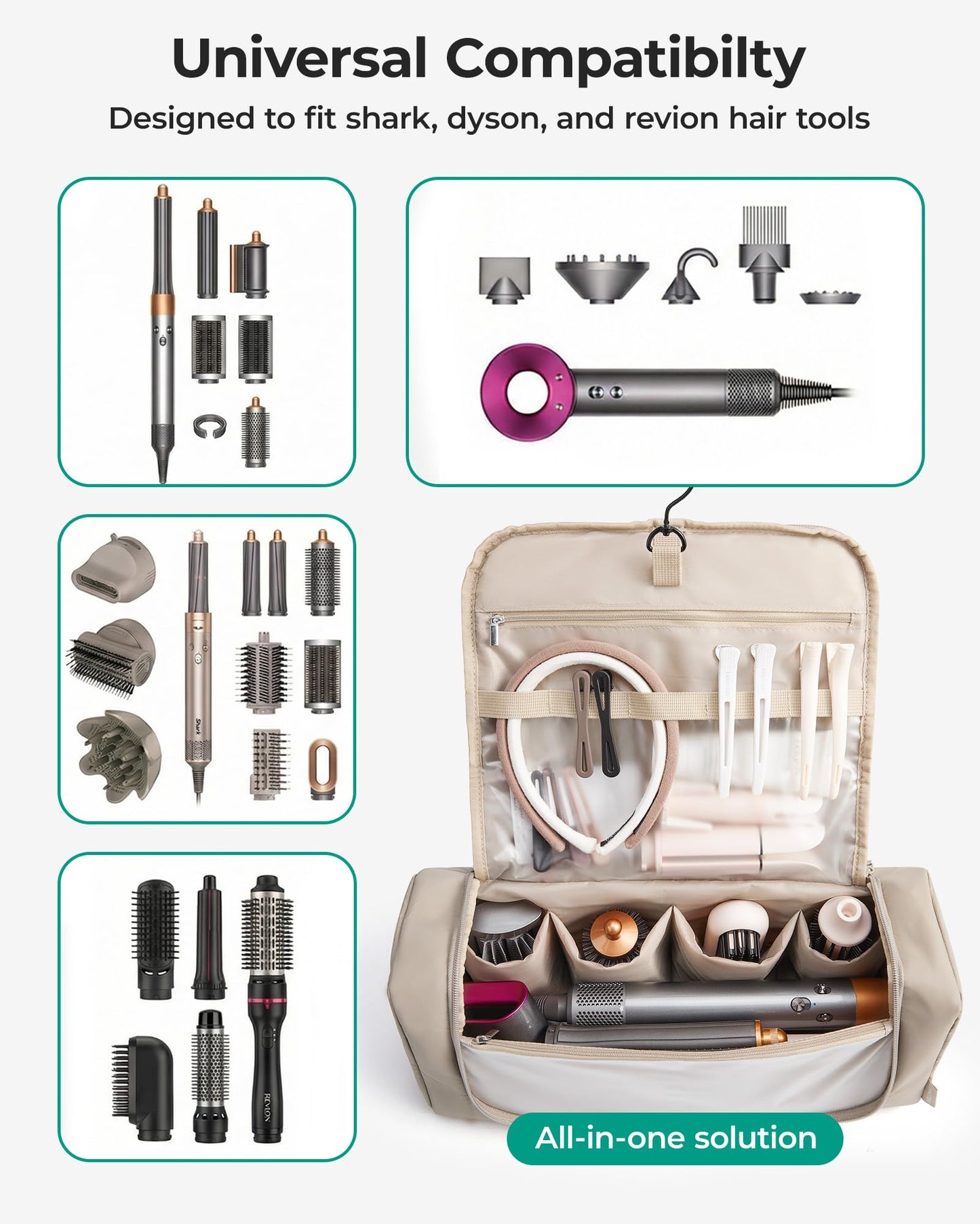 BAGSMART Hair Tool Organizer Travel Bag Compatible with Dyson Airwrap,Shark Hair Dryer, Wide-open Dyson Case with Heat Resistant Mat, Metal Hanging Hook for Long Barrel, Straighteners, Curling Iron