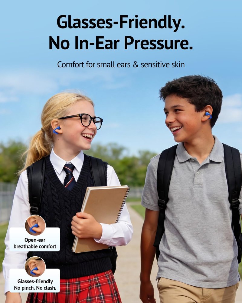 FOYCOY Kids Open Ear Earbuds - Clip-On Earbuds - 85 dB Volume Limit - Bluetooth 6.0, Built-in Mic, 40H Playtime, Silicone Pads, IPX5, Small Ears and Glasses Friendly, Ages 6-14, Blue