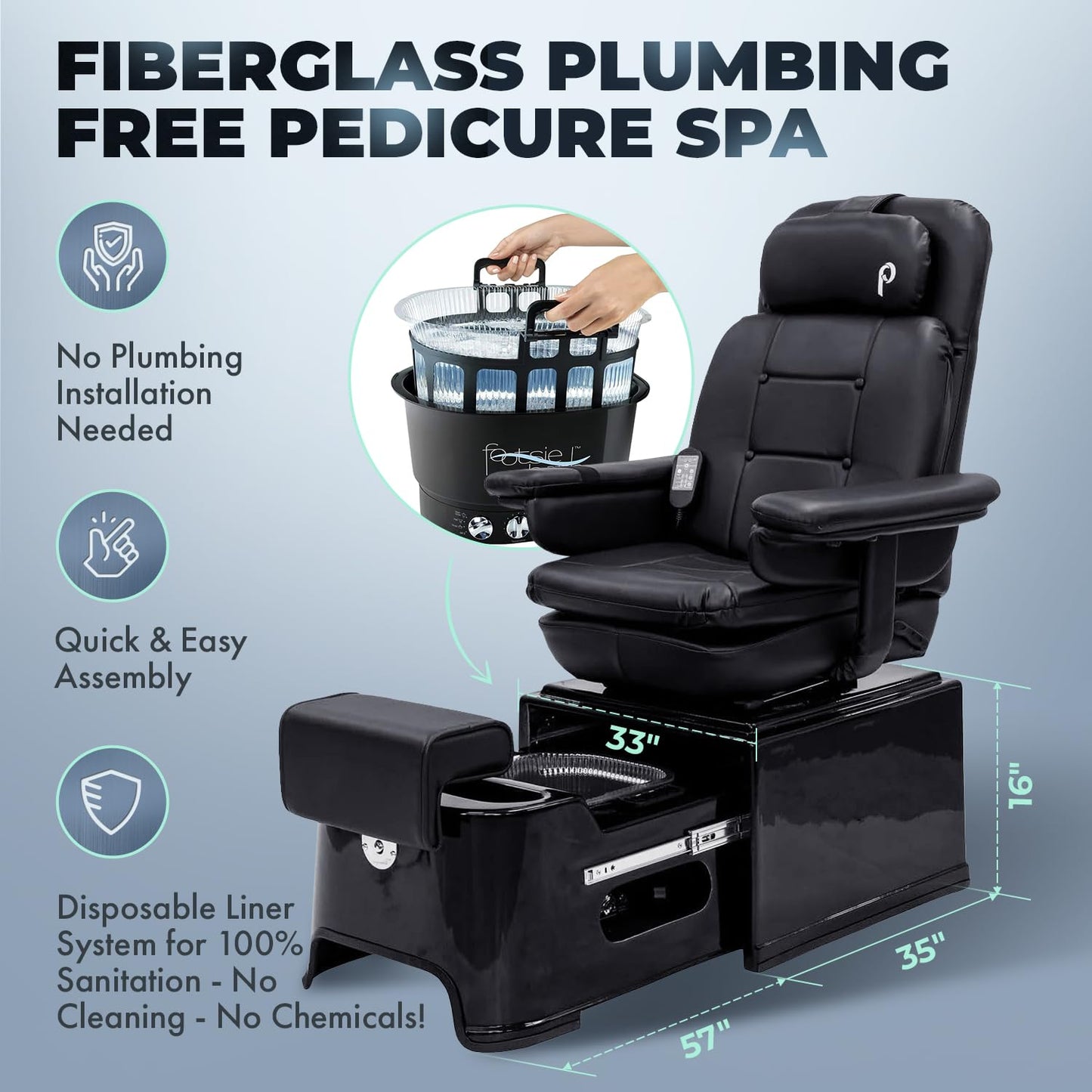 Pibbs PS92 No Plumbing Pedicure Spa Chair with Footsie Bath & Disposable Liners, Reclining Swivel Vibration Chair, Adjustable Footrest & Durable Fiberglass Base, Black, 57"x33"x16", PIB-PS92