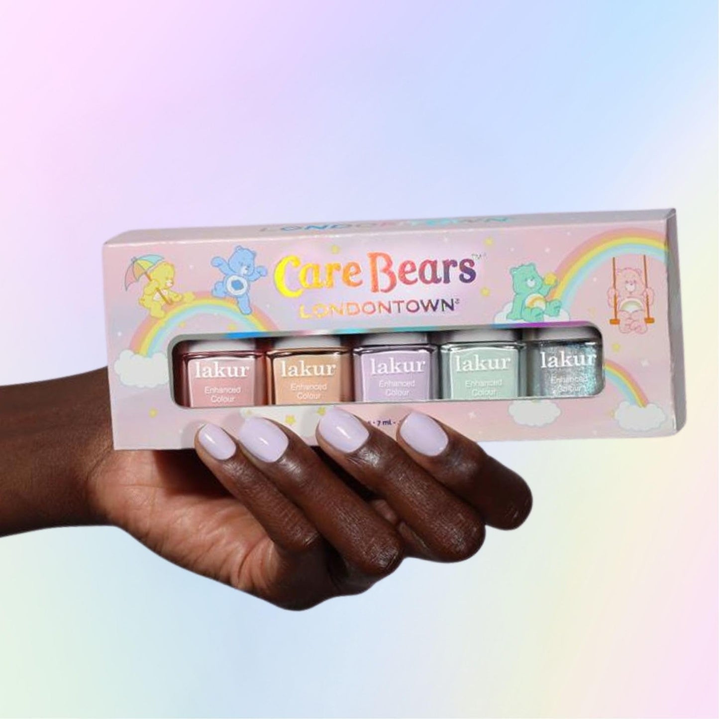 Care Bears TM by LONDONTOWN Beary Polished Mini Set – Sheer Pastel & Shimmer Nail Polish Collection, Pink, Mint, Orange, Lilac & Blue Sparkle Shades, Vegan, Cruelty-Free, 21+ Free, 0.24 fl oz Each