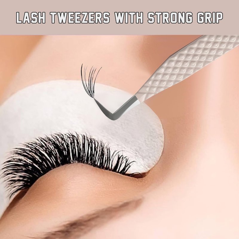 MK Queens Lash Tweezers - Stainless Steel Fiber Tip Eyelash Tweezers (Set of 4) - Diamond Grip Professional Lash Tweezers for Eyelash Extensions (Beige)