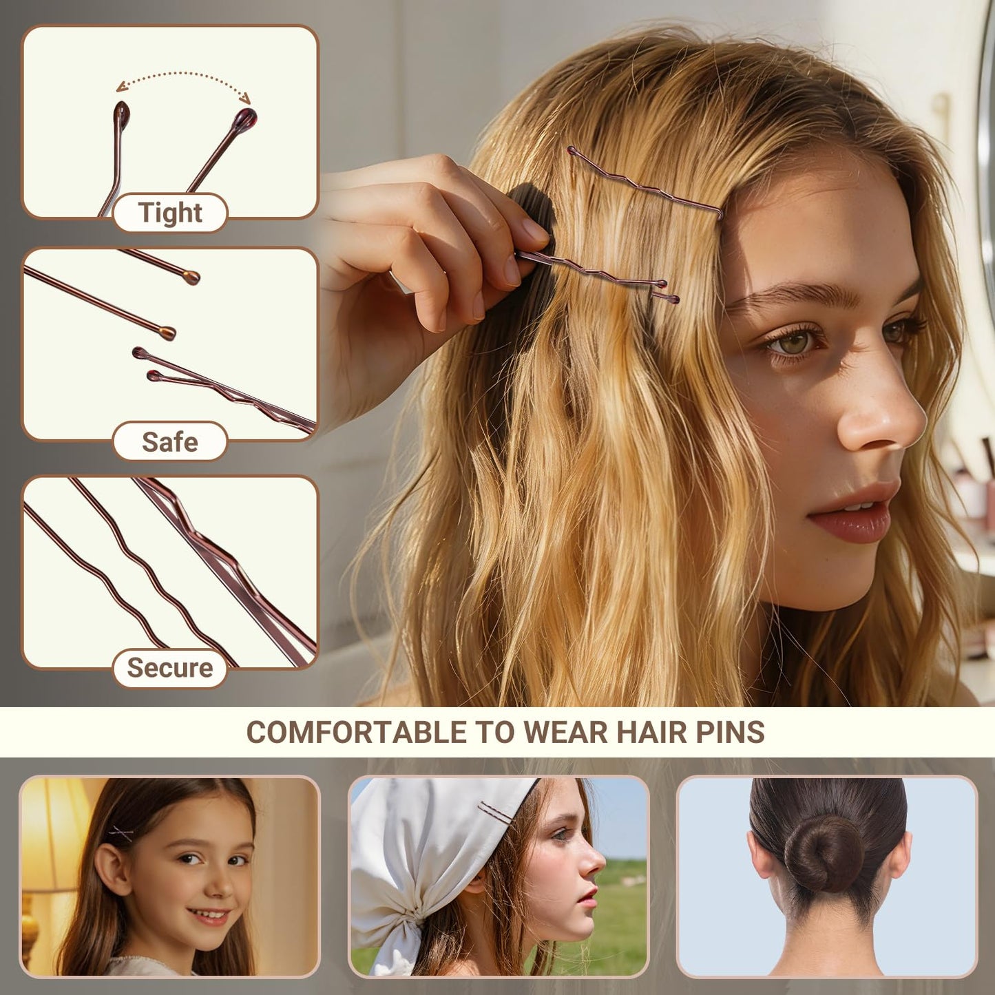 Bobby Pins and Hair Nets Set - Invisible Hair Accessories for Ballet Buns | U Pins, Elastic Bands, Clear Rubber Bands (11.81 & 19.86 in)