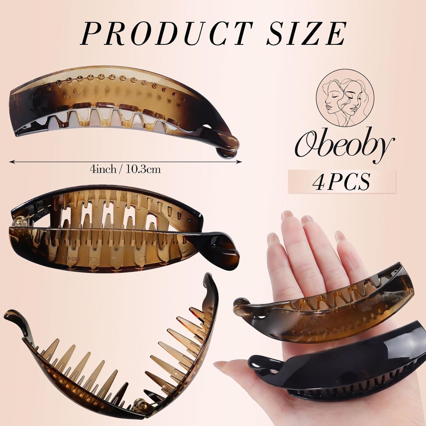 4 Pack Banana Hair Clips for Women - 4 Inch Durable Claw Clips | Retro 80s Style, Perfect for Thick Ponytails (Black, White, Brown)