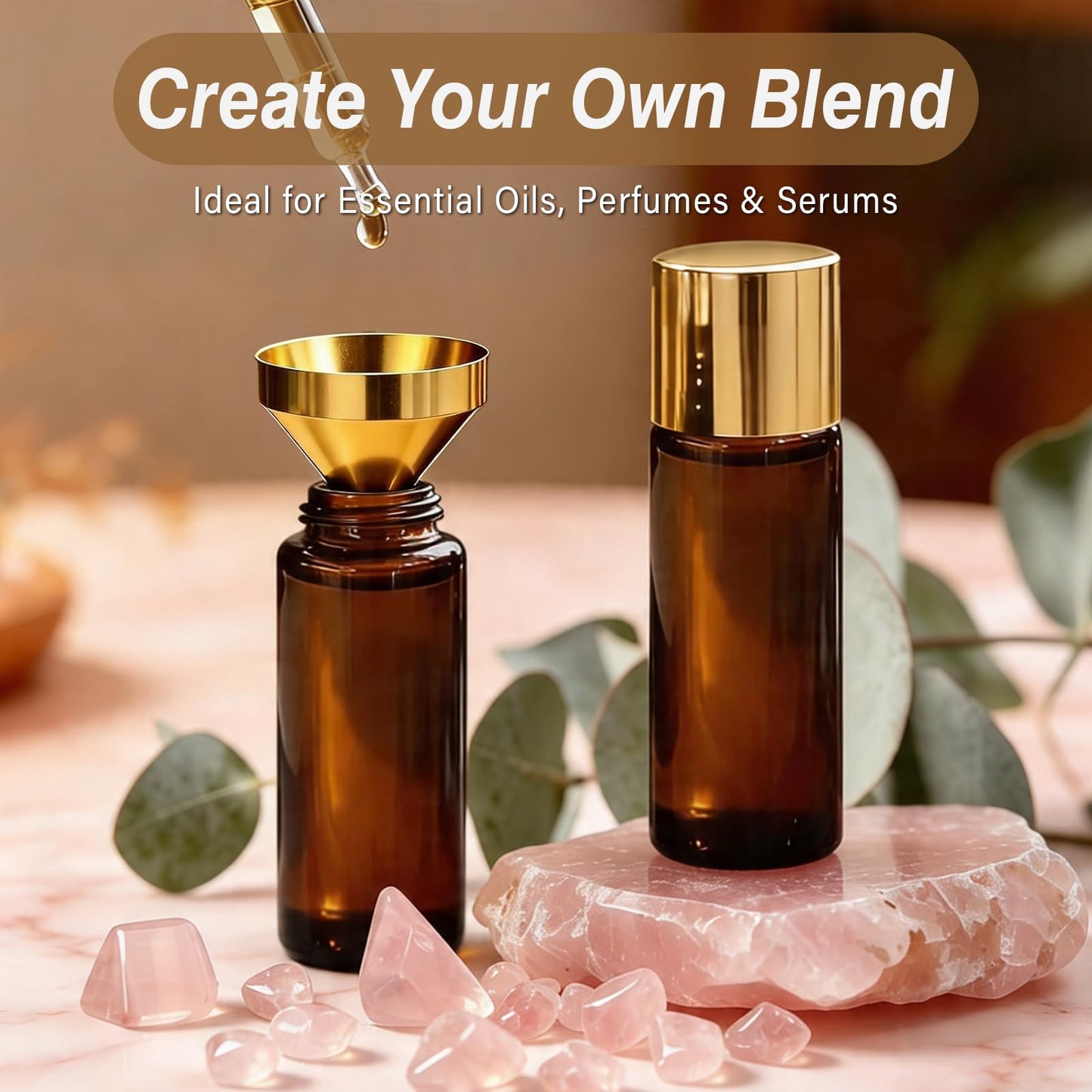 SilkGleam 5 Pack Amber Glass Essential Oil Roller Bottles, 50ml Rose Quartz Roll On Bottles with Natural Crystal Roller Balls, Leak-Proof Refillable Perfume Containers with Gold Caps for DIY & Travel