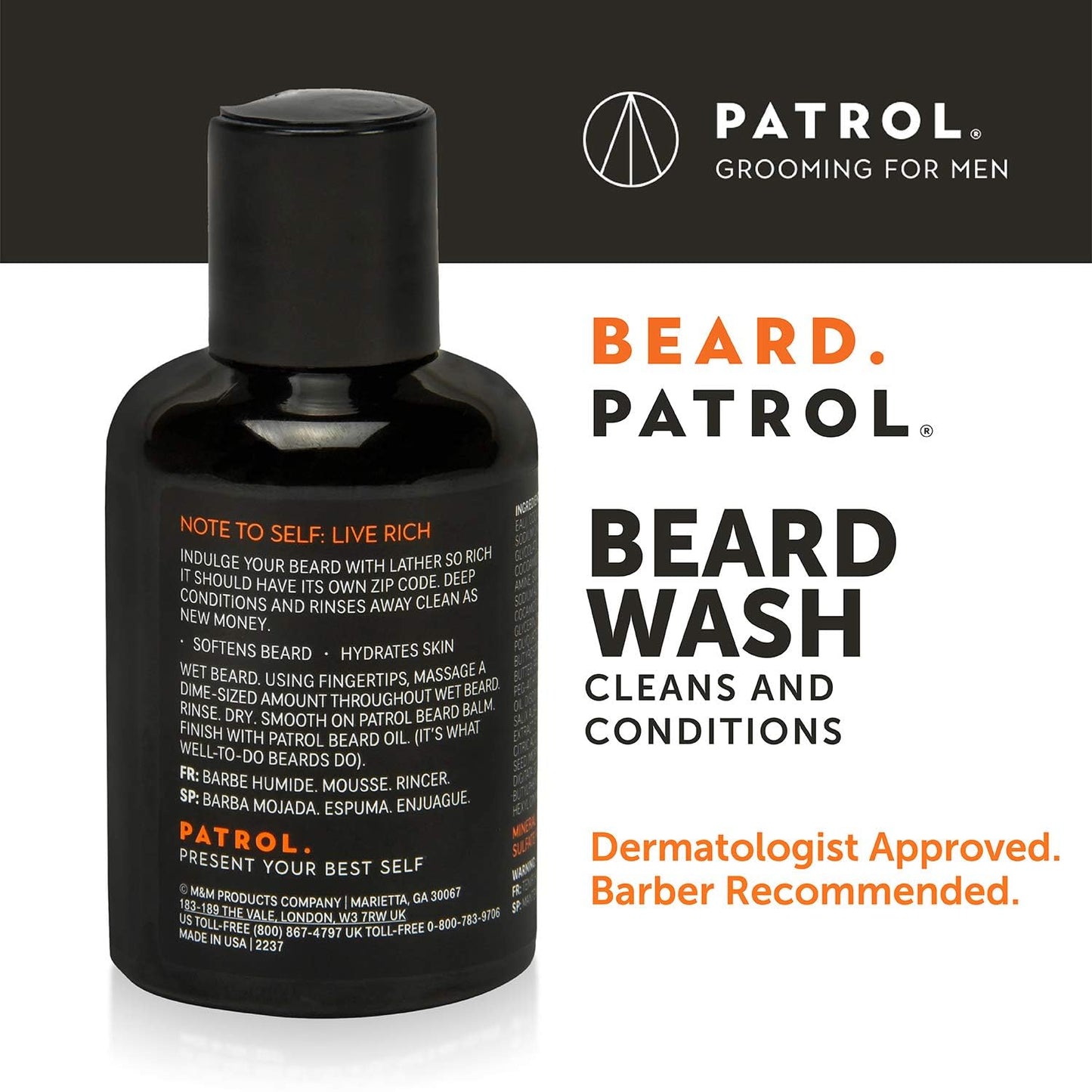 Beard Patrol Beard Wash Cleanser and Conditioner in One Softens With All Natural Oils - Sulfate-Free, Paraben-Free - Pack of 3
