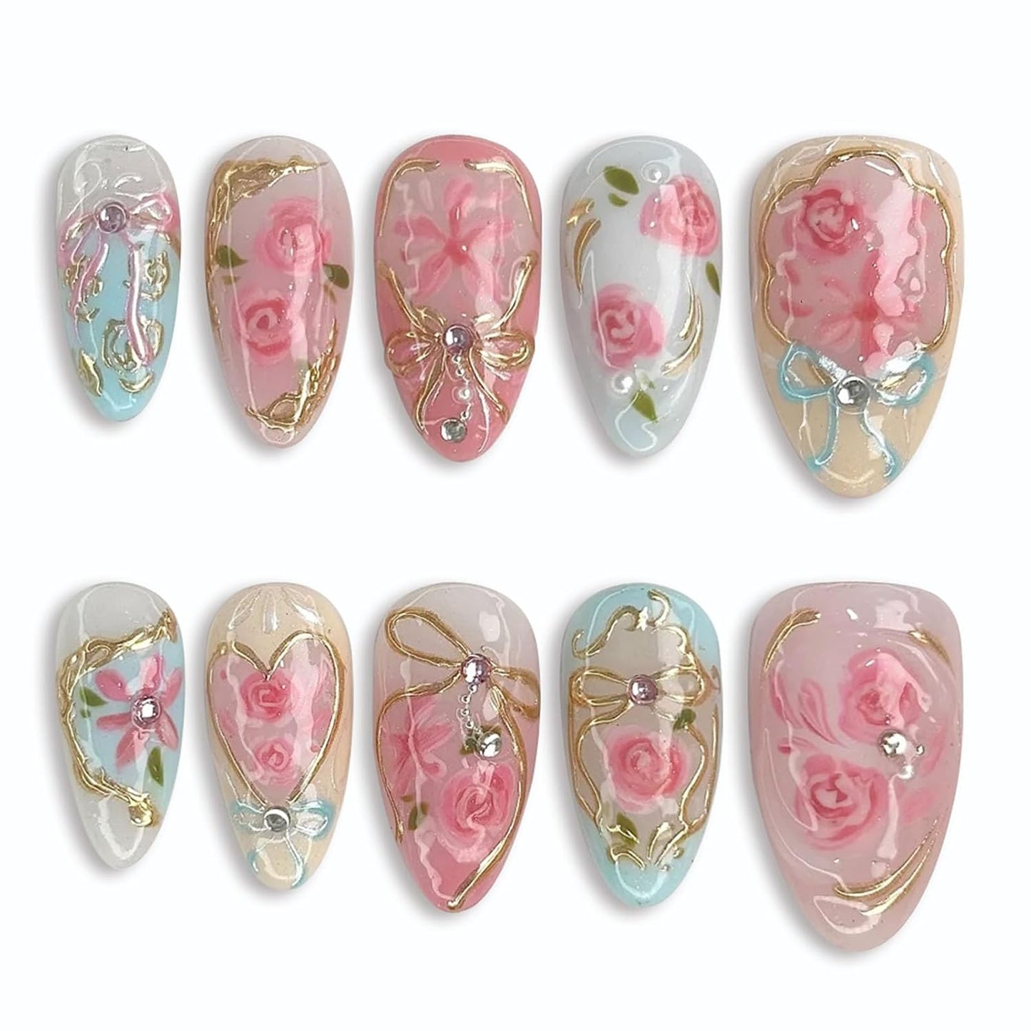 French Tip Press-On Nails - Medium Almond Shape with 3D Bow & Pearl Charms | 24 Pcs Spring Design