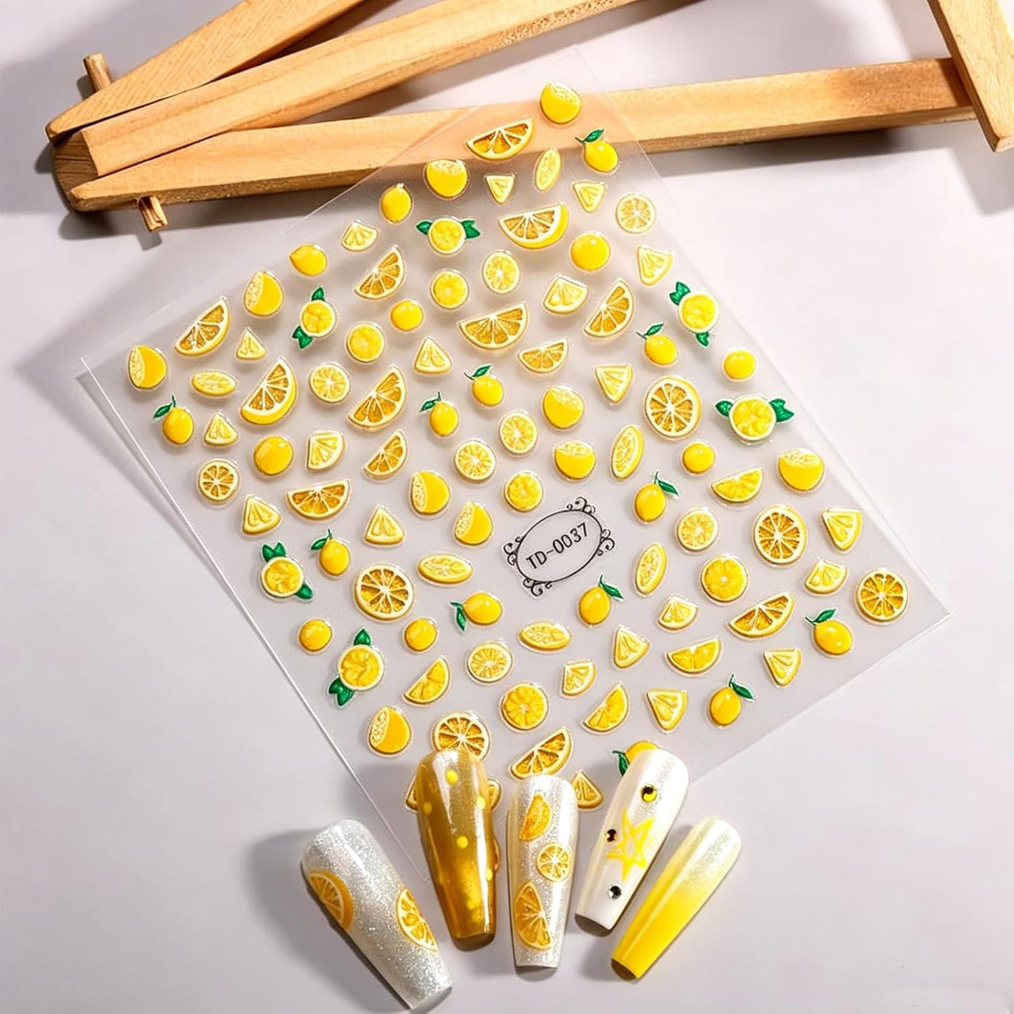 Lemon Nail Stickers - 5D Embossed Summer Fruit Slice Nail Art Decals | Cute Yellow Design for DIY Manicure