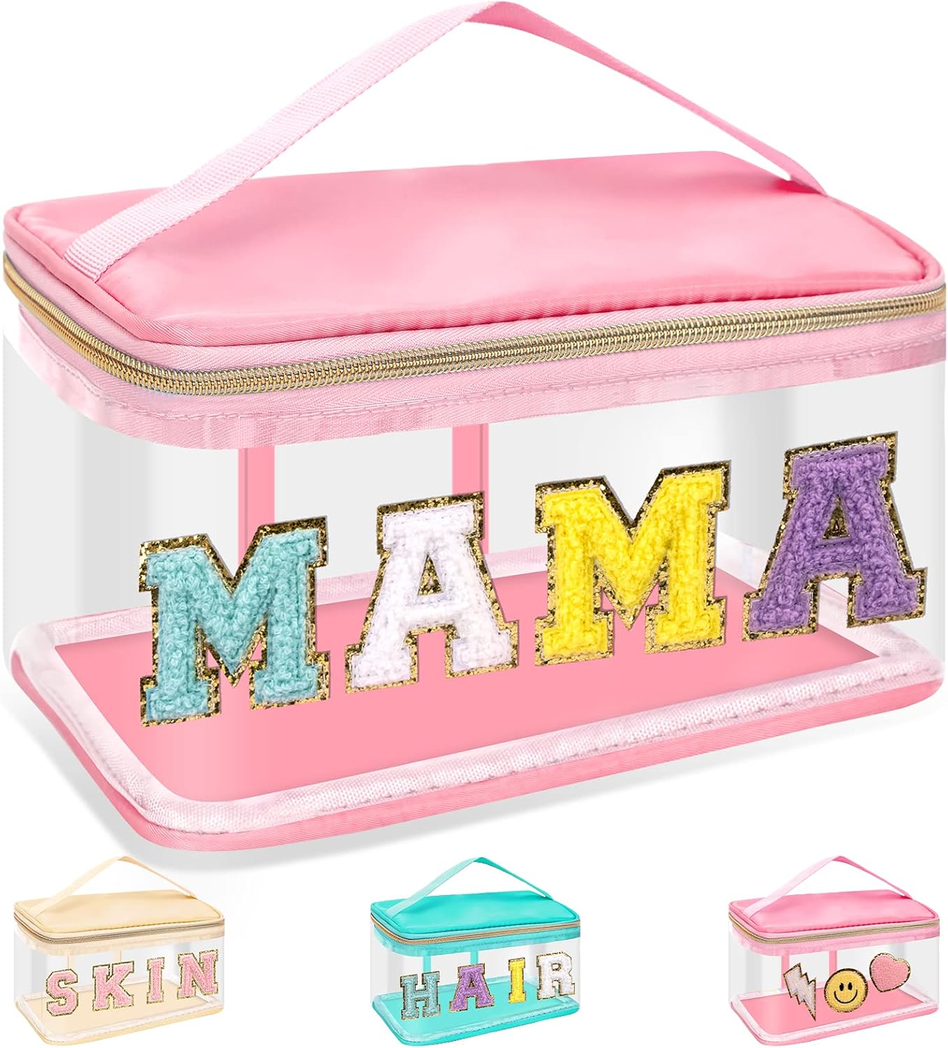 Clear Makeup Bag - Chenille Letter Hair Pouch | Waterproof Glitter Cosmetic Handbag for Travel - Green