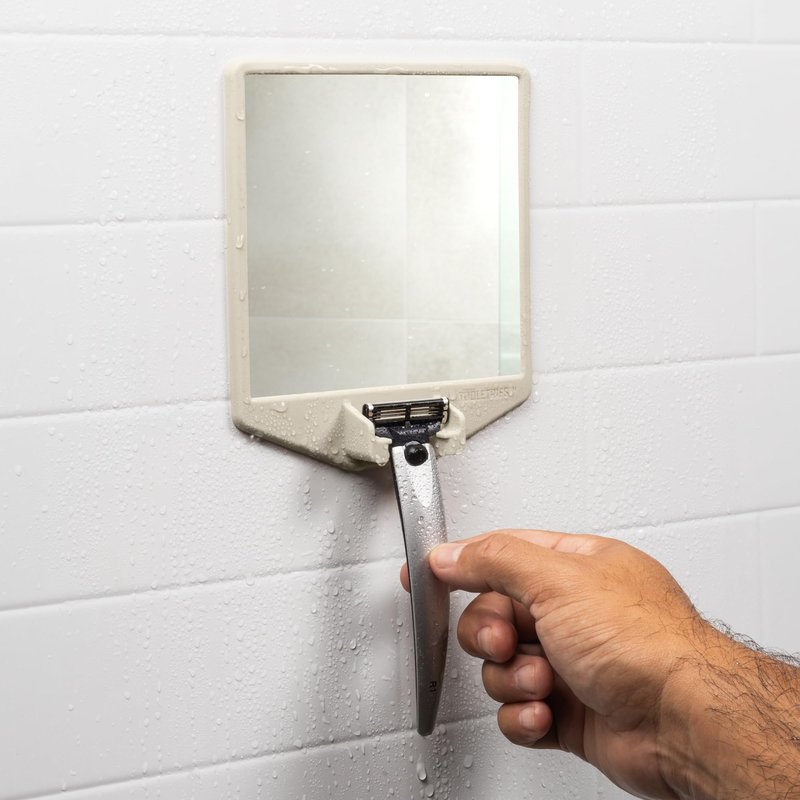 TOOLETRIES The Joseph Shower Mirror for Shaving - Silicone Razor Holder for Shower, Stlyish Bathroom Shower Accessory - Features Silicone-Grip, Removable & Reusable - Sand