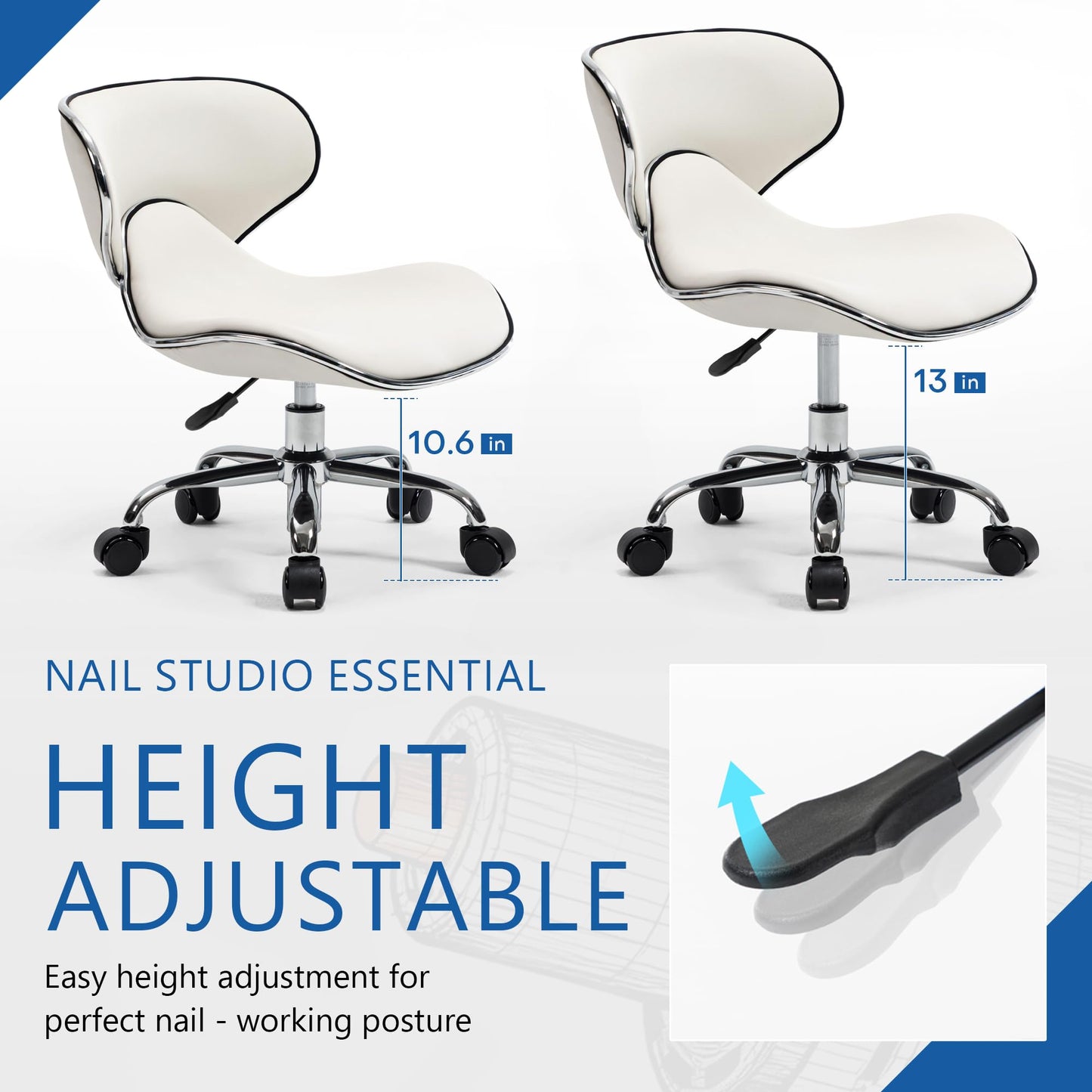 Lessmore White Pedicure Chair for Nail Tech Pedicure- Swivel & Adjustable Nail tech Chair for Salon Professionals, Low Back Pedicure Stool with Smooth Rotation (1,Creamy White)