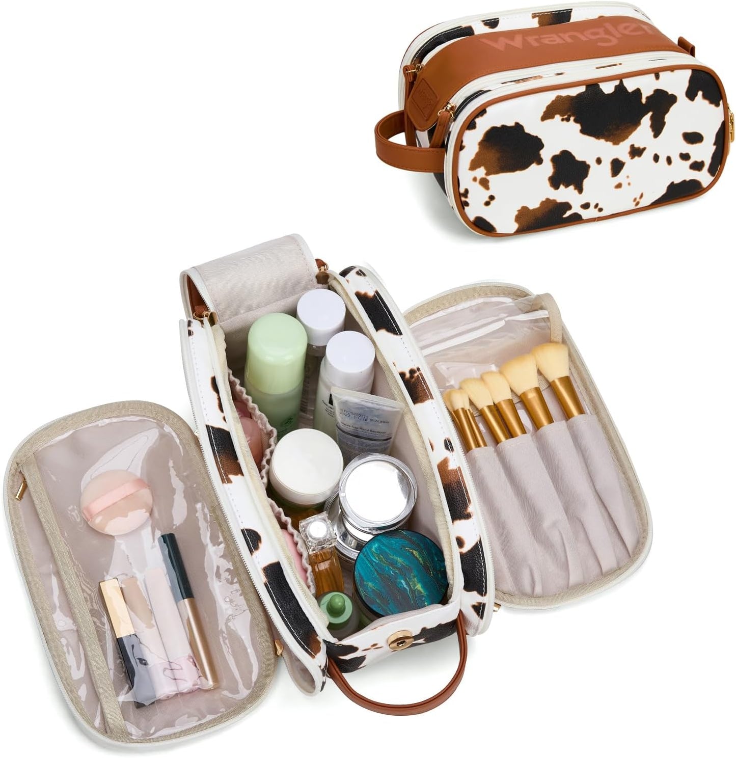Large Makeup Bag - Travel Toiletry Organizer with Divider & Handle | Cowprint Design for Women