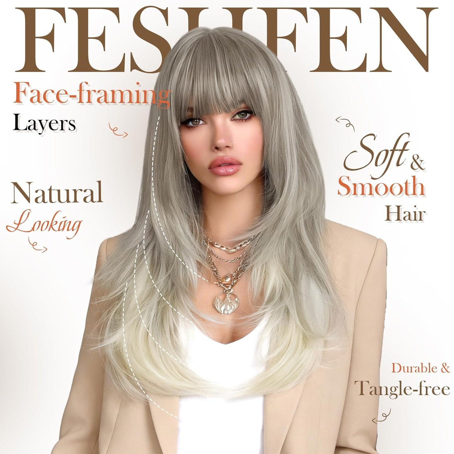 Straight Layered Wigs with Bangs for Women - Natural Synthetic 24-Inch Long Hair Wig for Daily Wear | Party Style