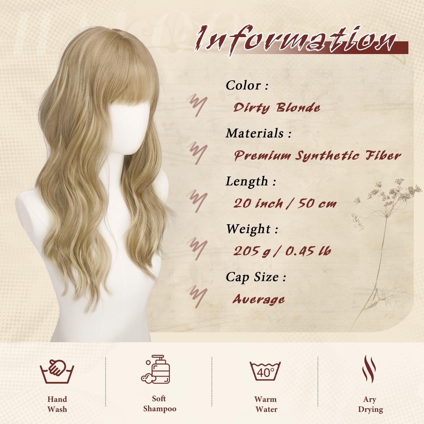 Haloo Blonde Wigs with Bangs - 20 Inch Long Soft Wavy Natural Looking Synthetic Heat Resistant Hair Wig for Women Daily Party, Dirty Blonde