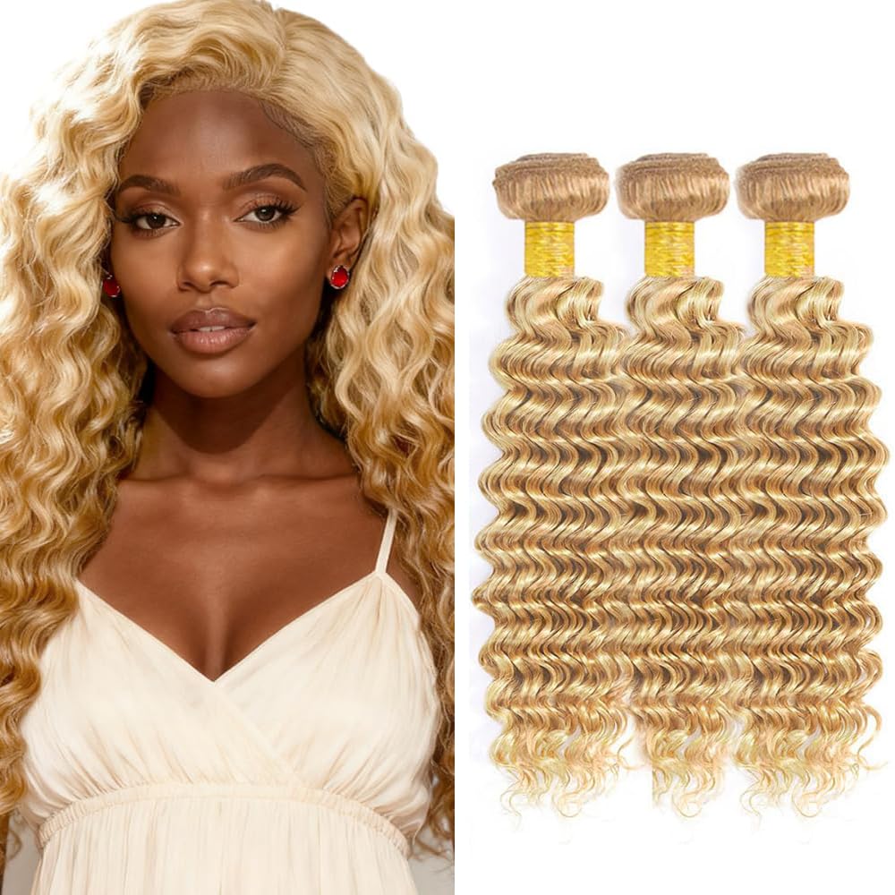 27/613 Human Hair Bundles Blonde Deep Wave Bundle 150g 8A Grade Brazilian Virgin Hair 3 Bundles 12 14 16 Inch 613 Deep Wave Hair Extensions For Women