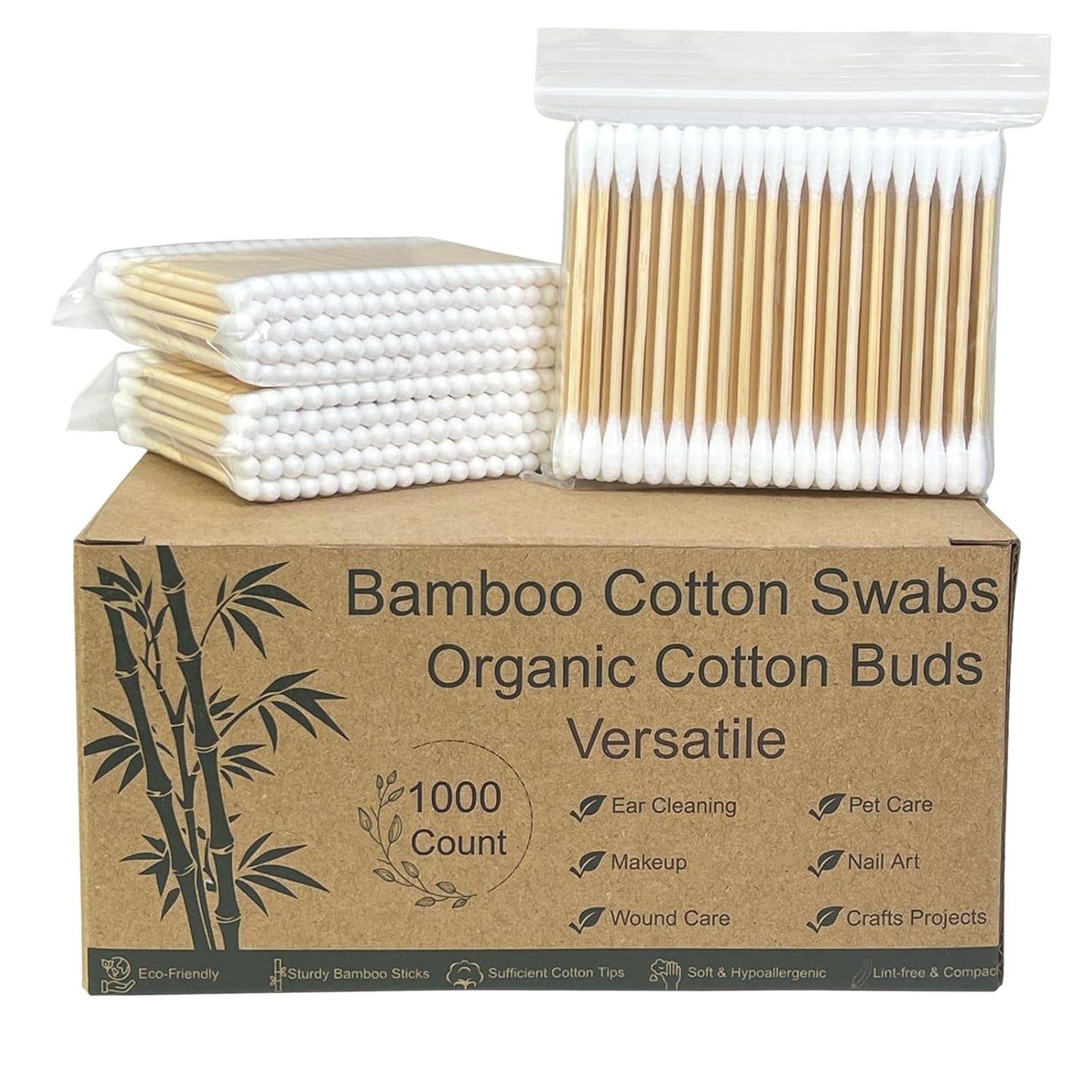 Bamboo Cotton Swabs - Biodegradable Double-Tipped Applicators for Makeup & Personal Care | 1000 Count, Gentle & Absorbent