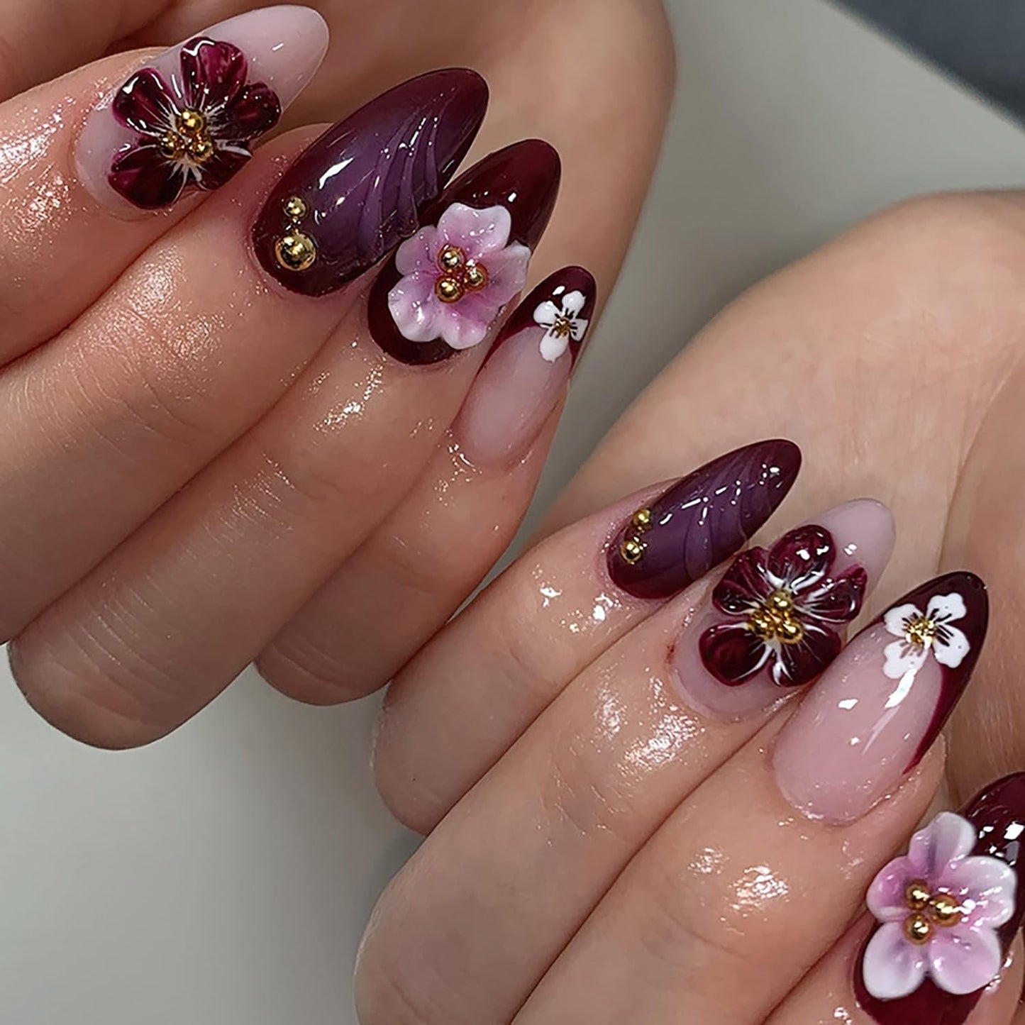Flower Press-On Nails - Dark Purple Almond Shape with Gold Beads | 24 Pcs Reusable French Tip Design for Women
