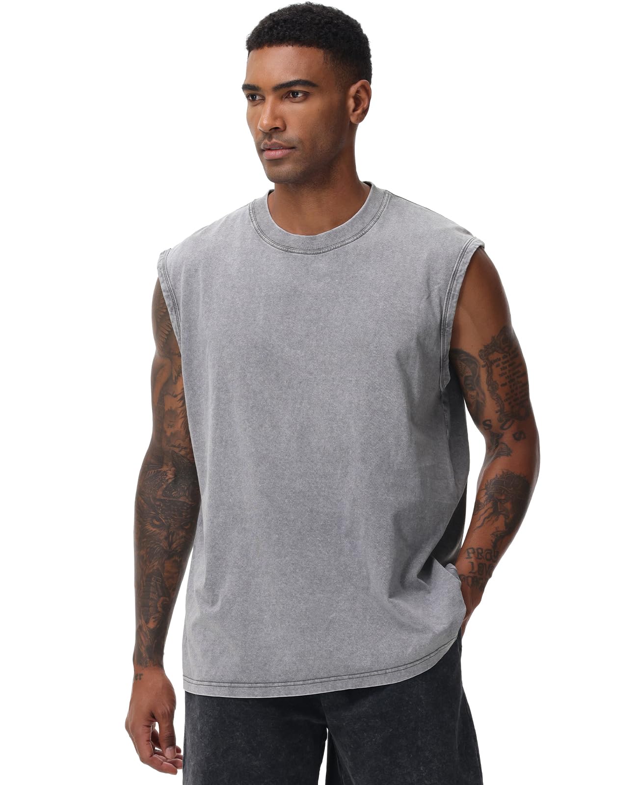 SnowElve 3 Pack Mens Workout Tank Tops Sleeveless Tee Shirts Men Muscle Shirt Gym Acid Wash T Shirts Running Beach Loose Fit Tee(CFGYBK,XL)