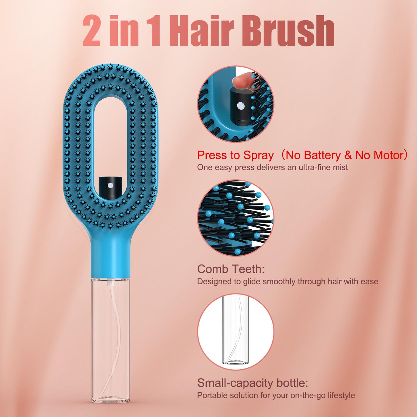 2-in-1 Portable Misting Hair Brush – Manual Press Water Spray, Hair Brush With Water Spray, Wet & Dry Detangling Spray Brush, Anti-Frizz, Suitable for All Hair Types and Textures(Blue)