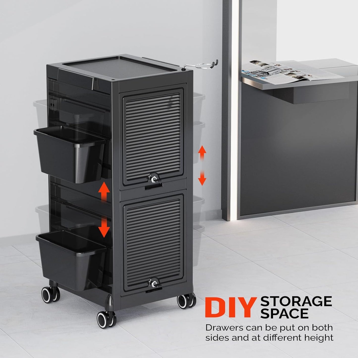 OmySalon Salon Trolley Cart - Rolling Hair Stylist Station with 2 Lockable Doors | Organizer with Drawers & Dryer Holder