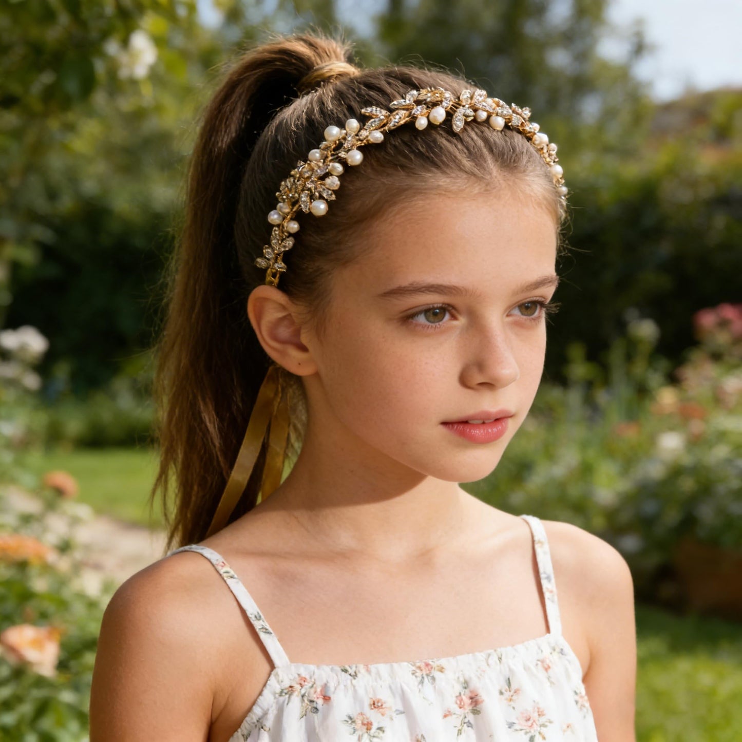 Gold Leaves & 9-Petal Crystal Flowers Pearls Bridal Hair Vine, 12.7" Handmade Wedding Headpiece, Flexible Bridal Headband with 19.5" Satin Ribbon for Bride Bridesmaid Prom Pageant Formal Events