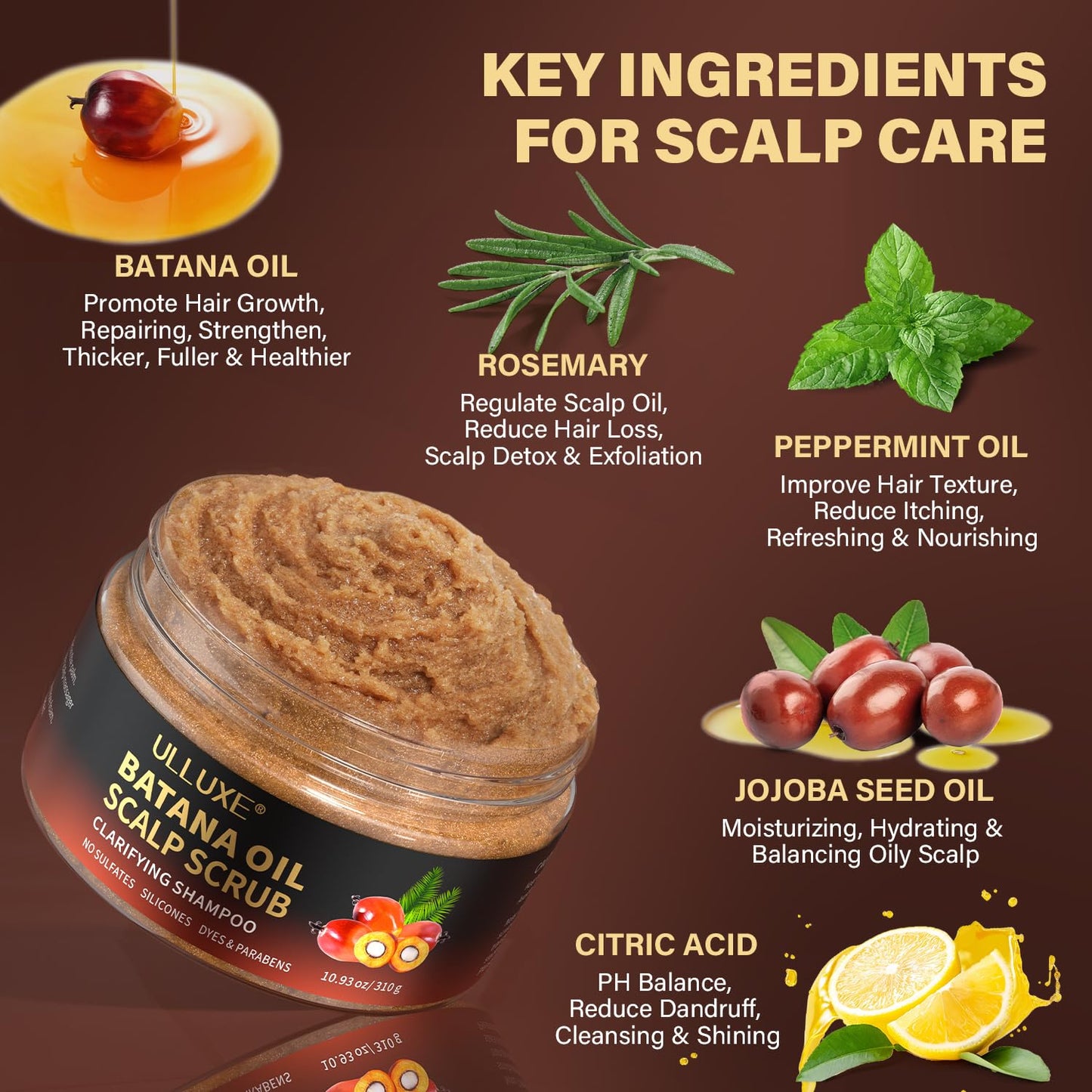 Scalp Scrub for Hair Growth - Exfoliating Deep Cleanser with Batana Oil & Rosemary | 10.93 oz