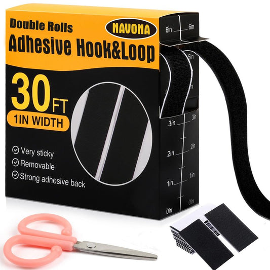 Navona 30Ft x 1 Inch Hook and Loop Strips with Adhesive, Double Rolls of Heavy Duty Self Adhesive Tape with Backing, Nylon Self Adhesive Tape for Home Office School and Crafting,Black