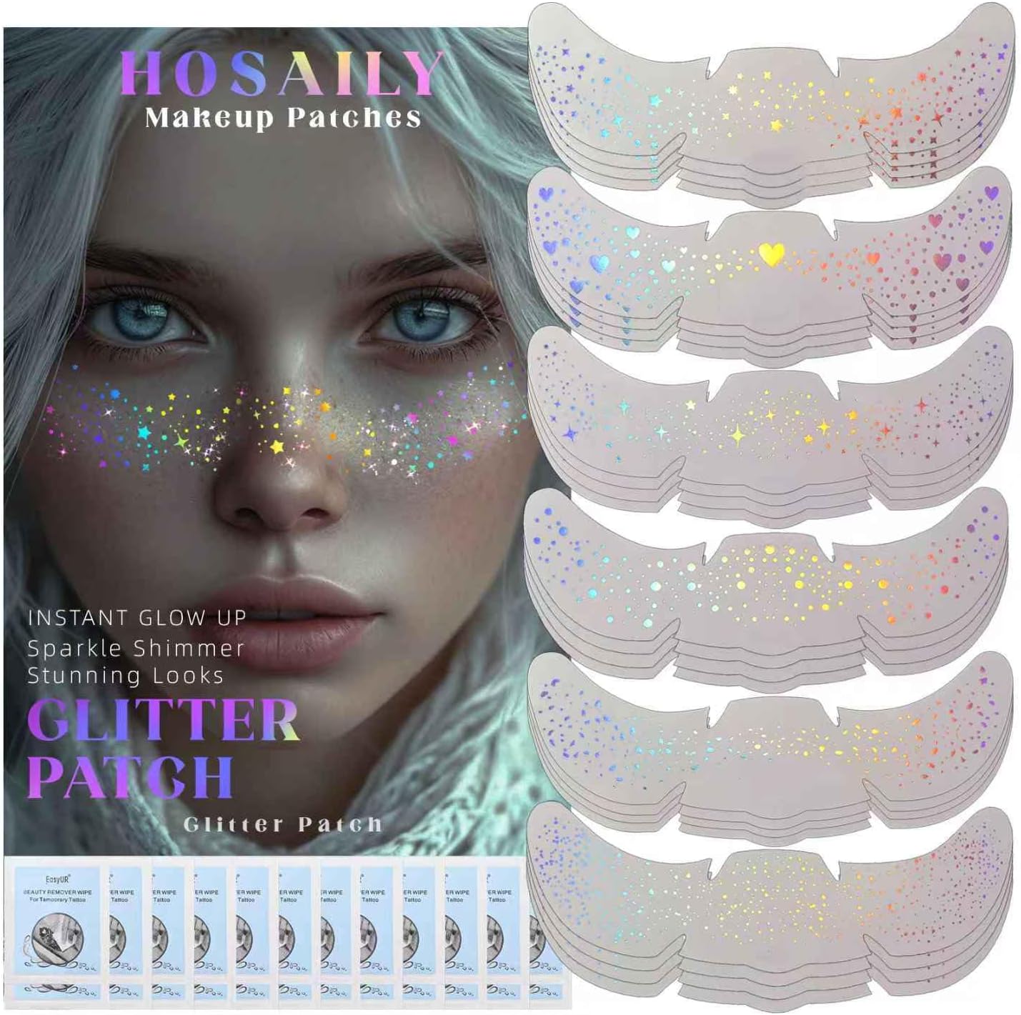 Holographic Multichrome Glitter Freckles | 24 Pcs Waterproof Face Tattoos for Festivals & Raves