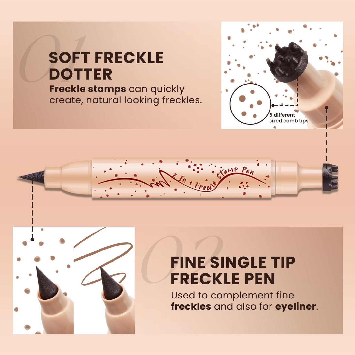 HOSAILY 2 in 1 Dual Ended Freckle Stamp&Freckle Pen, Waterproof Quick Dry Soft Dot Faux Freckles, Natural Lifelike Long Lasting Fake Freckle Marker Pencil Face Decoration Sunkissed Makeup