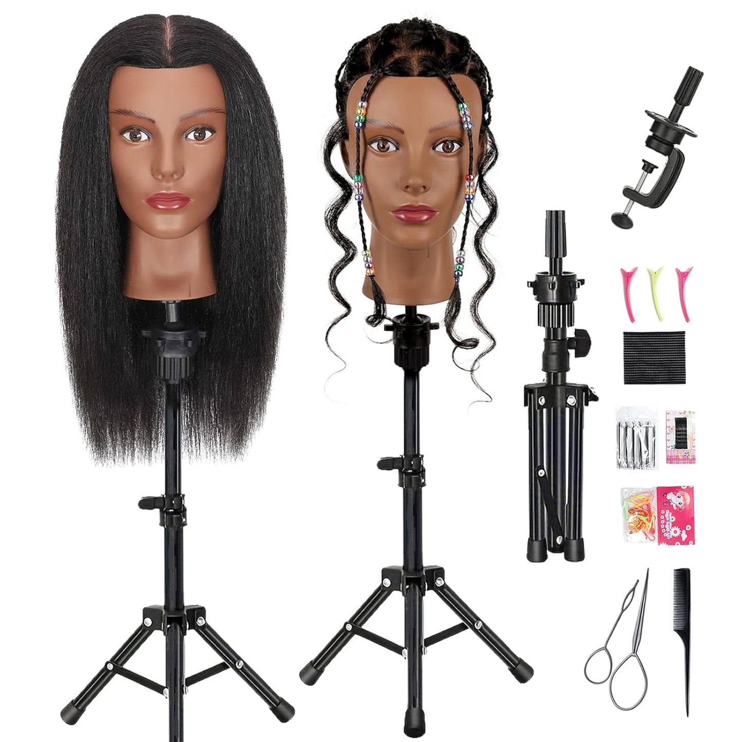 Realistic Human Hair Mannequin Head - 100% Real Hair for Cosmetology Practice | 16 Inch with Table Clamp Stand