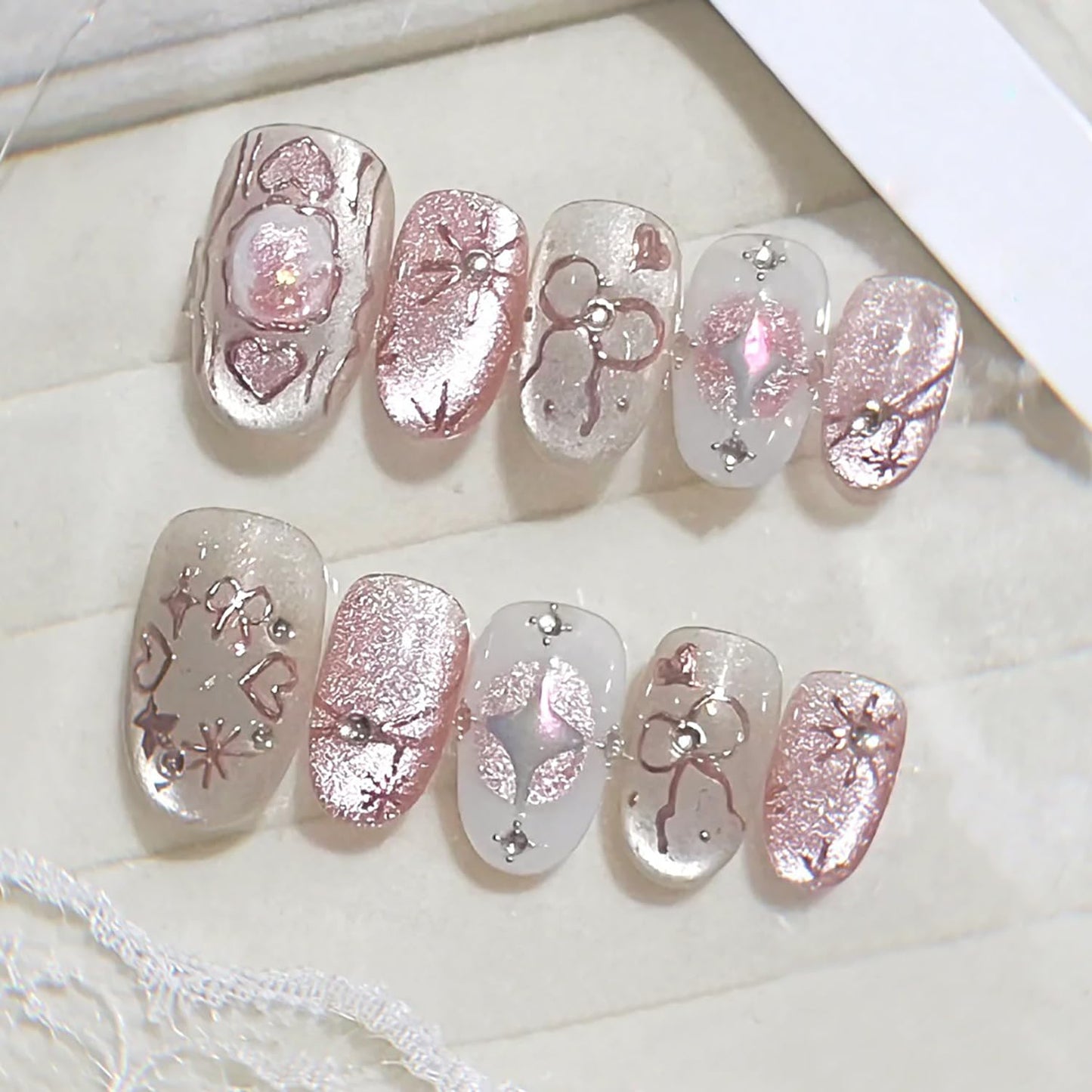 Gold Star Press-On Nails - 30 Pcs Medium Almond Acrylic with 3D Blue Rhinestones | Bohemian Style