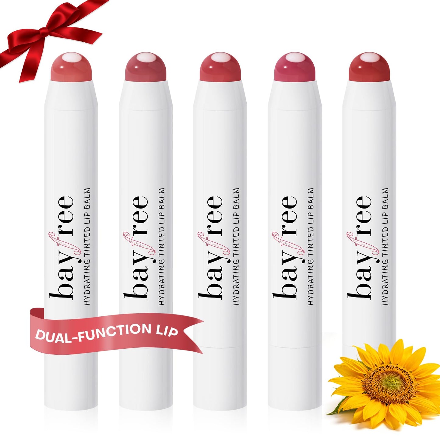 bayfree Plumping Tinted Lip Balm for Dry Lips, 5 PCS Long Lasting Hydrating Chapstick with Jojoba Seed Oil & Vitamin E, Buildable Color Lipbalm, Glossy Finish, Vegan for All Skin Tones, Garden