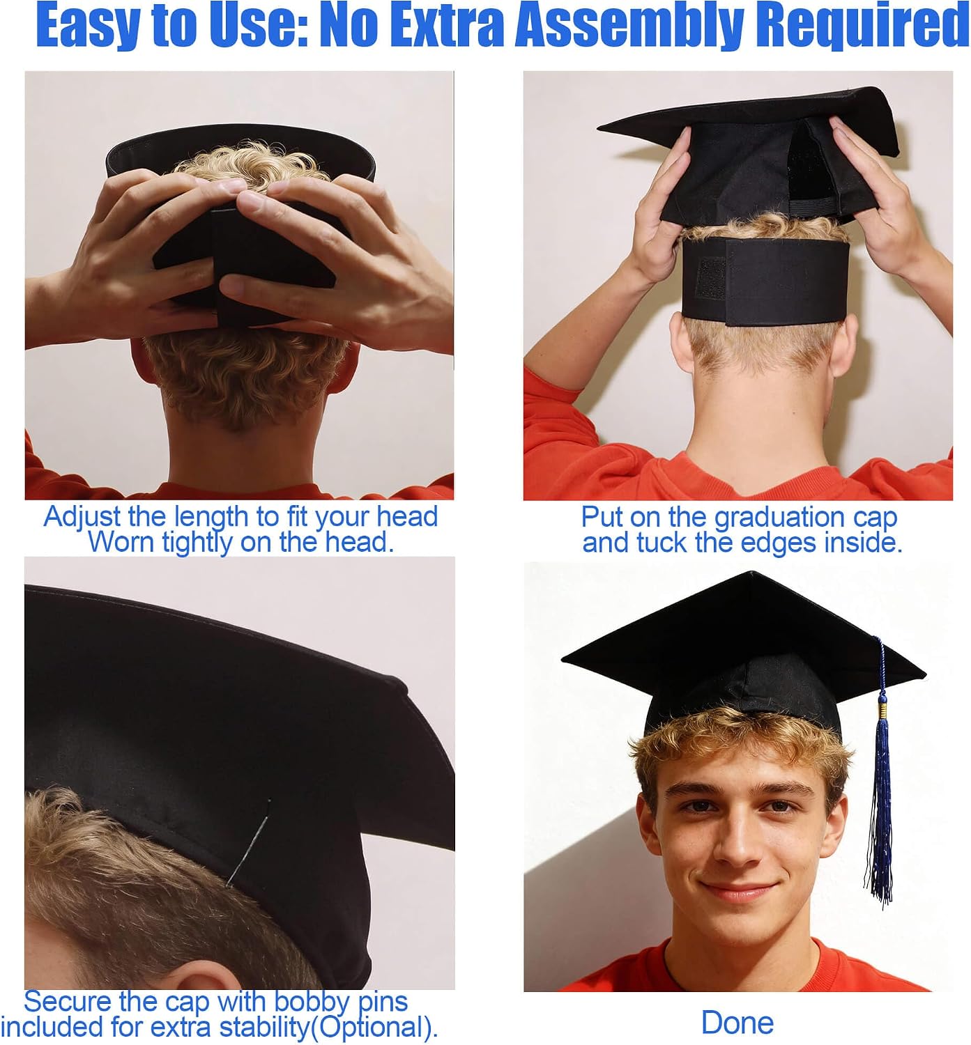 Adjustable Graduation Cap Headband - Invisible Anti-Fall Design | Fits All Head Sizes & Hairstyles - Black