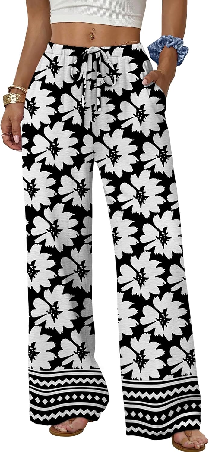 Wide Leg Pants for Women - Flowy Palazzo Trousers with Drawstring & Pockets | Summer Beach Vacation Wear