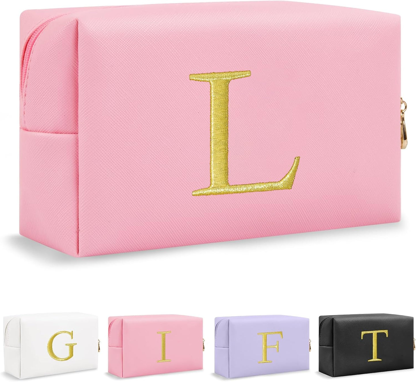 Personalized Initial Makeup Bag - Gold Embroidered Cosmetic Bag for Teens | Custom Travel Toiletry Bag (Black)