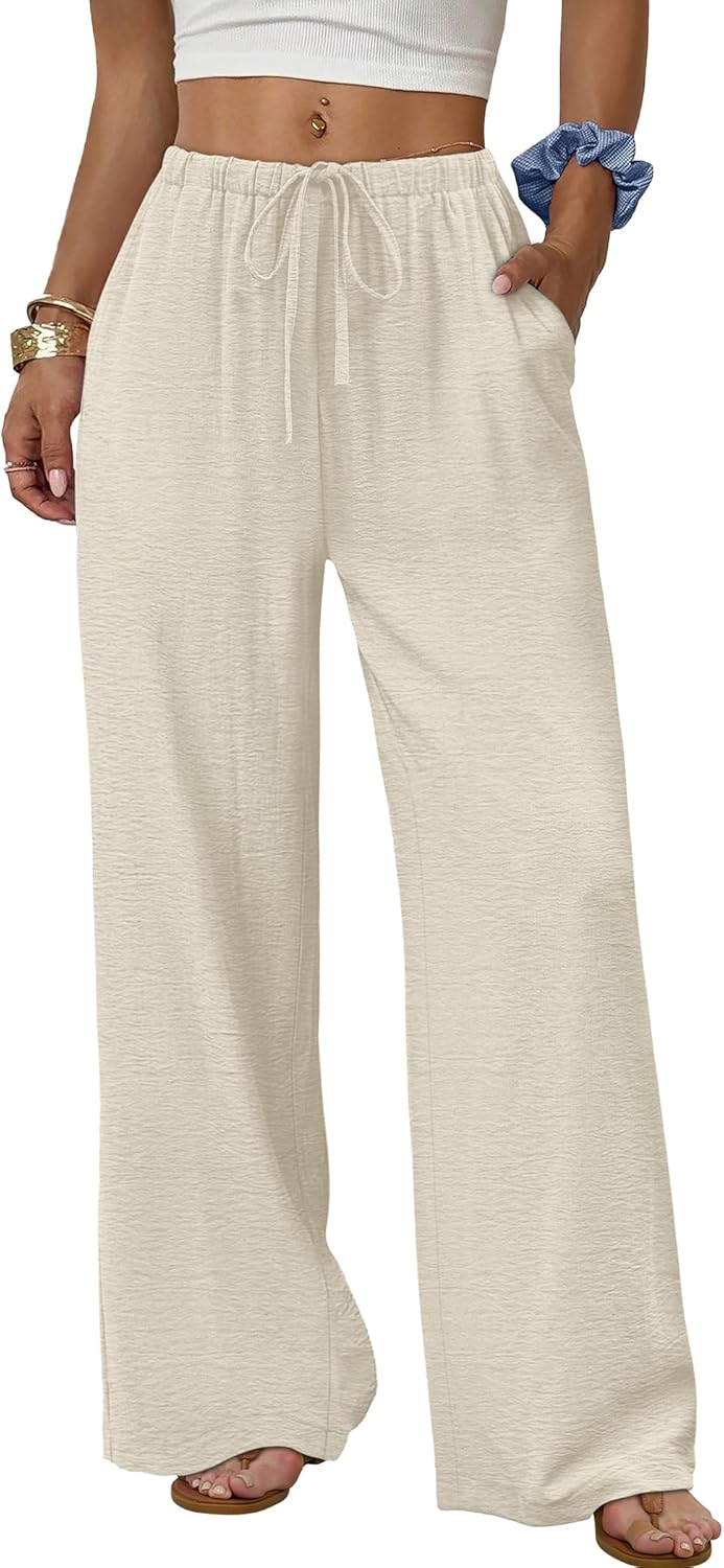 Wide Leg Pants for Women - Flowy Palazzo Trousers with Drawstring & Pockets | Summer Beach Vacation Wear