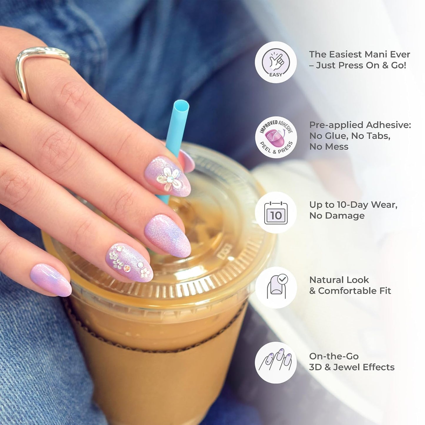 Impress No Glue Press-On Nails - 'Venus' Pink Almond Shape | Medium Size, 30 Nails & Accessories Included
