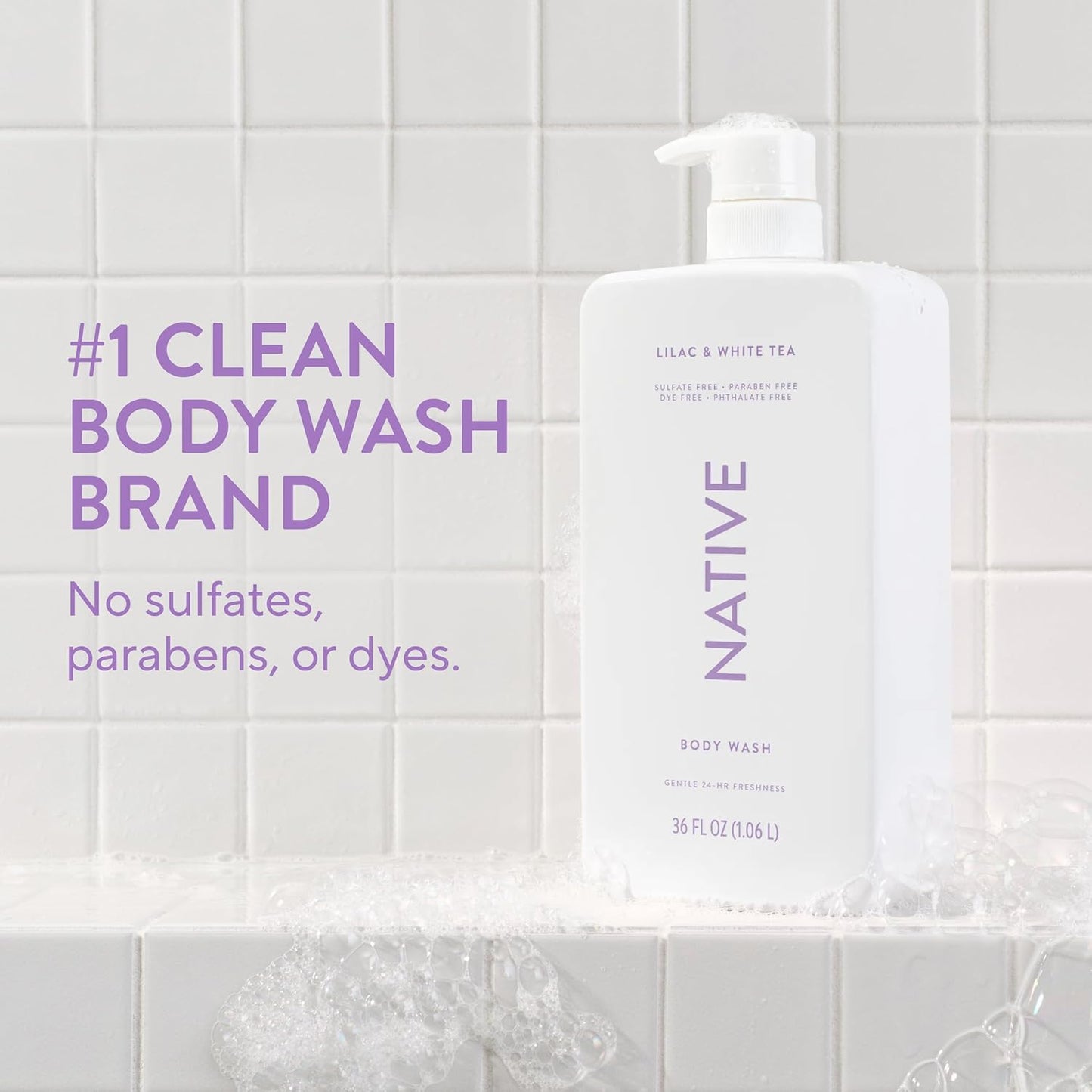 Native Body Wash - Lilac & White Tea, 36 oz Pump Bottle | Sulfate-Free & Gentle Formula for All Skin Types