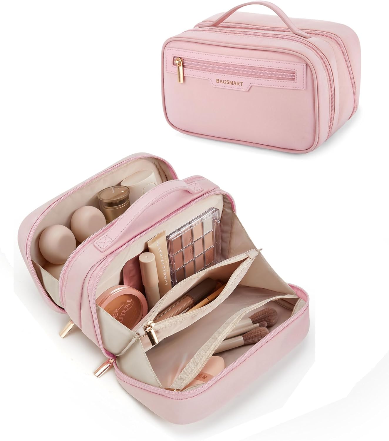 Travel Makeup Bag - Durable Compact Organizer with Multiple Compartments | Beige Cosmetic Case for Women