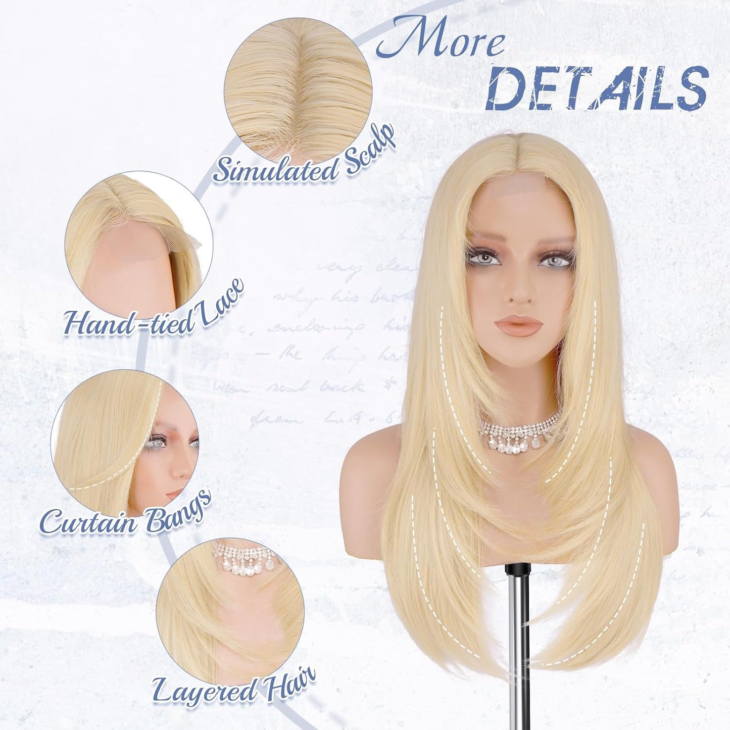 Blonde Wig with Curtain Bangs - Lace Front Long Layered Synthetic Hair for Women | 24 Inch Natural Look