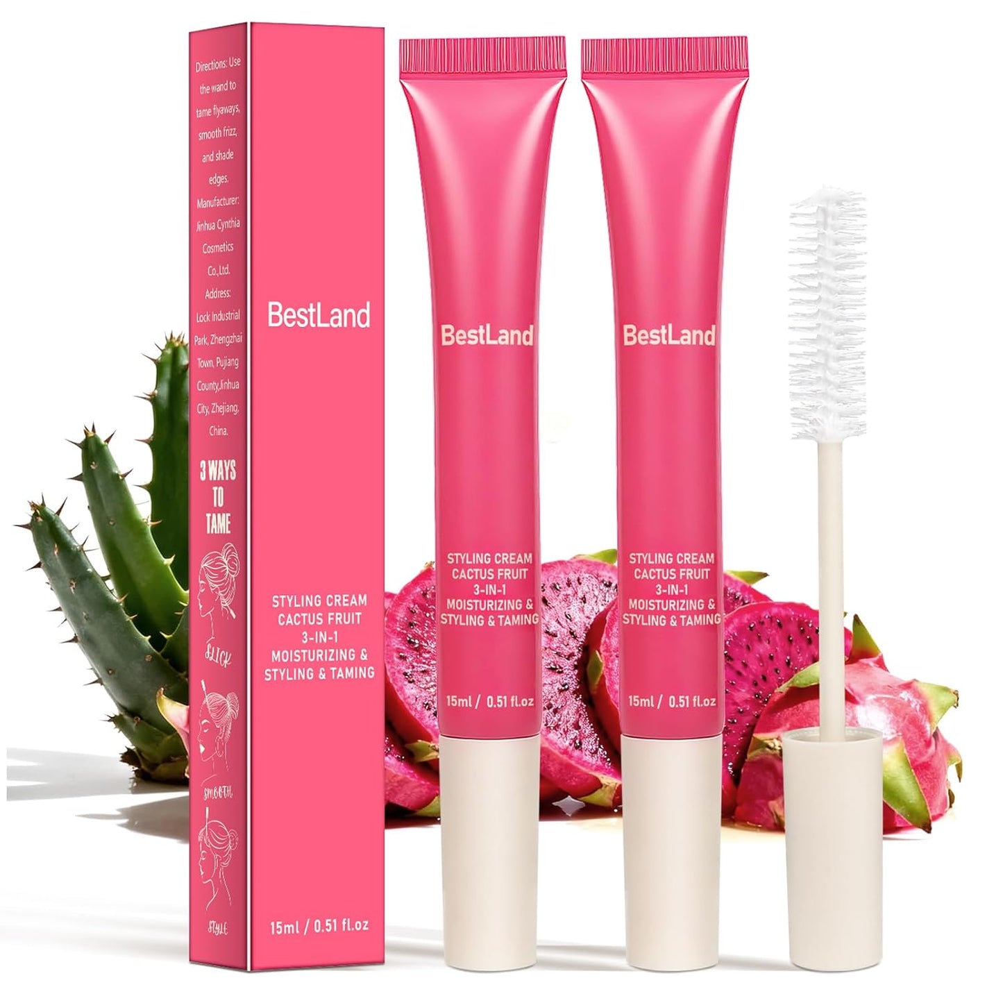 Cactus Fruit 3-in-1 Hair Styling Cream & Taming Wand - Smooth Flyaways, Control Frizz | Vegan, Lightweight Formula, Precision Brush
