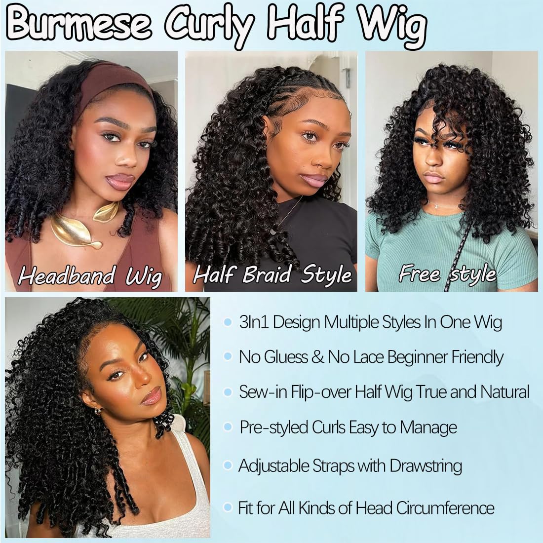Burmese Curly Half Wig - 200% Density Human Hair | Beginner-Friendly, Easy Install, Natural Color (14 Inch)